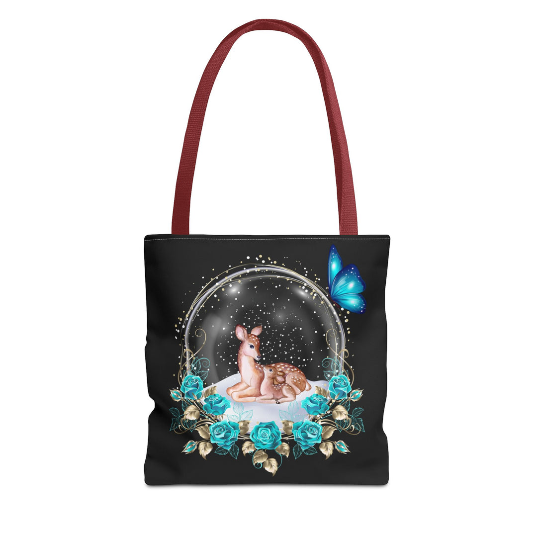 Deer Snow Globe Tote Bag - Winter Whimsical Elegance Bags Printify 13" × 13'' Red