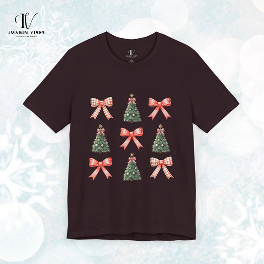 Coquette Bow Christmas Tree T-Shirt T-Shirt Printify Oxblood Black XS