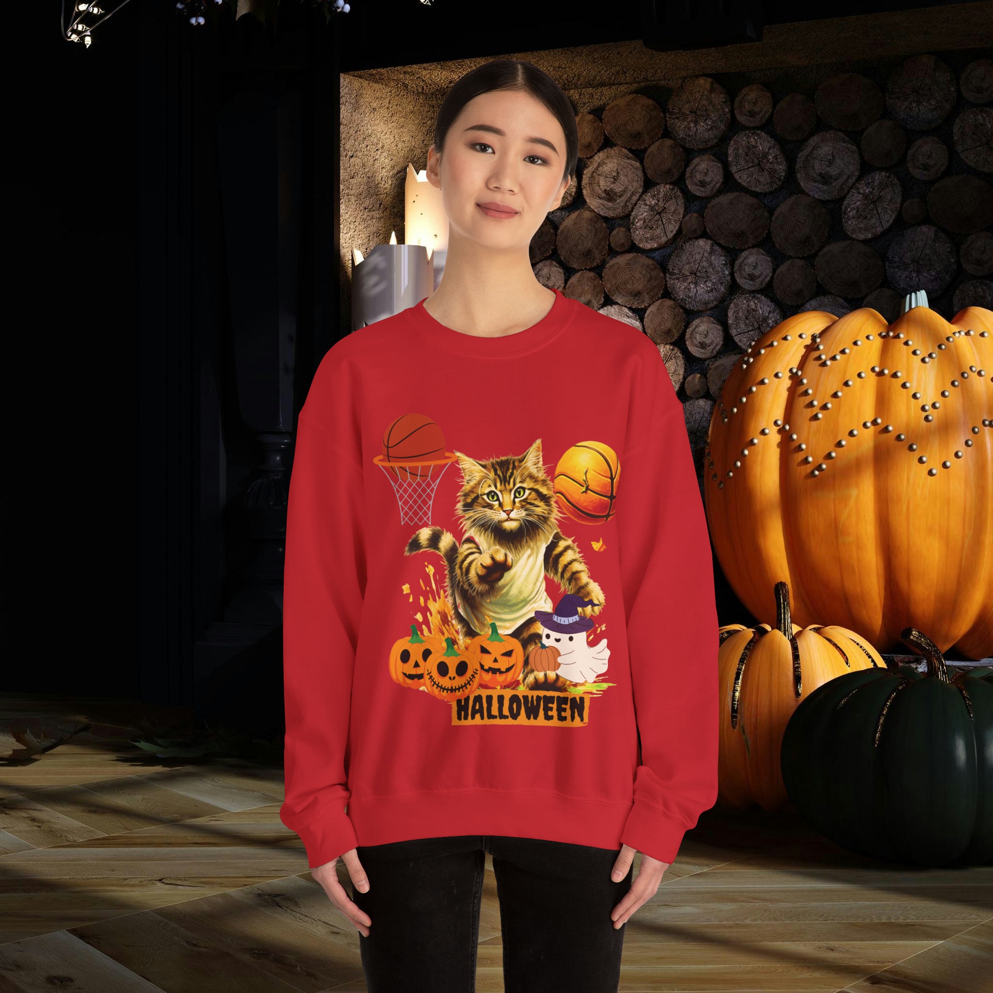 Halloween Cat Basketball Sweatshirt | Playful Feline and Pumpkins | Spooky Sports | Halloween Fun Sweatshirt Sweatshirt   
