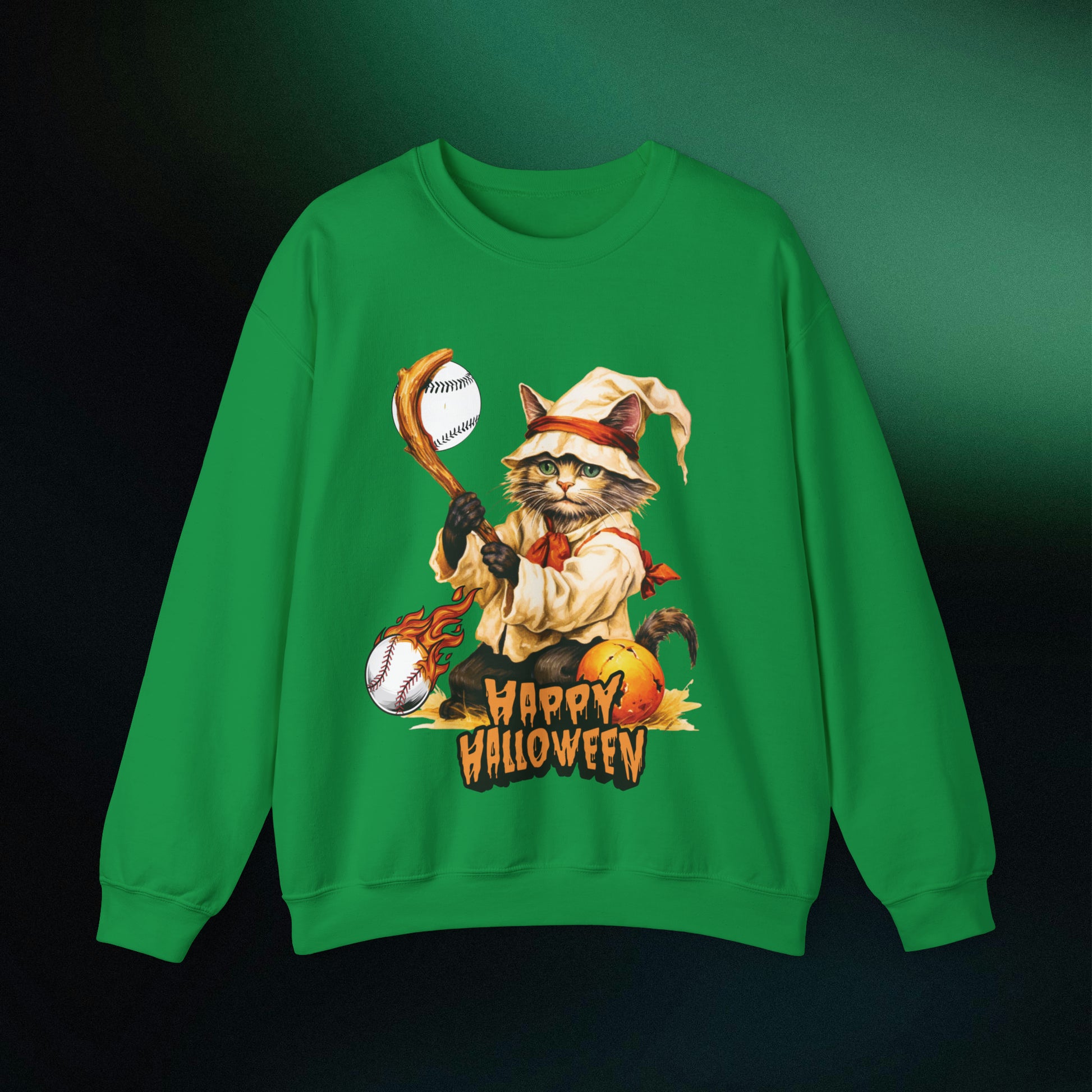 Halloween Cat Baseball Sweatshirt | Playful Feline and Pumpkins - Spooky Sports | Halloween Fun Sweatshirt Sweatshirt S Irish Green 