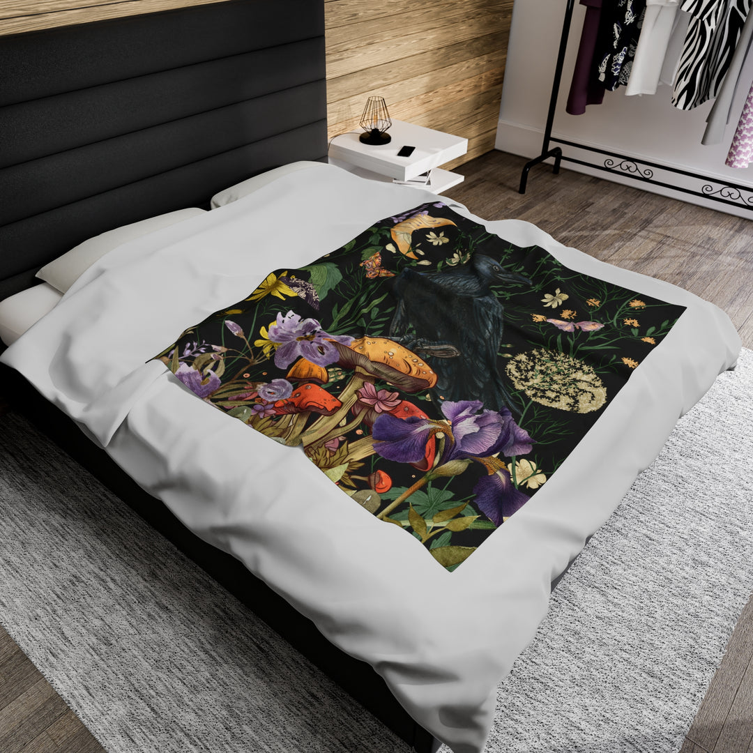 Velveteen Plush Blanket - Raven and Flowers Vintage Aesthetic All Over Prints Printify 50" × 60"