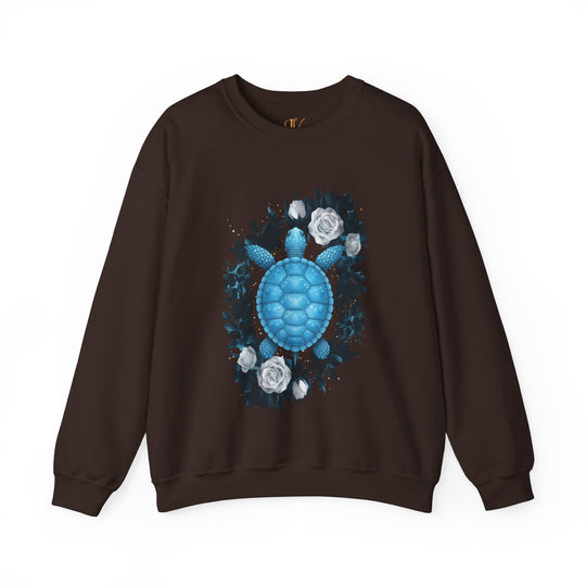 Blue Turtle and White Roses Sweatshirt Sweatshirt Printify S Dark Chocolate