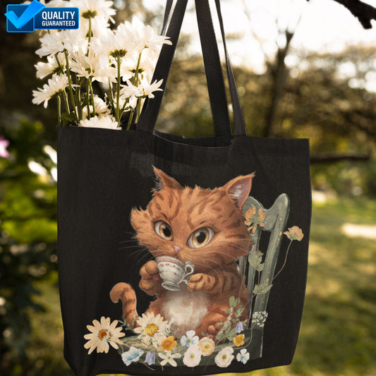 Tea Time Cat Tote Bag - Cottagecore Feline Floral Carryall - Cat Lover Gift Bags   