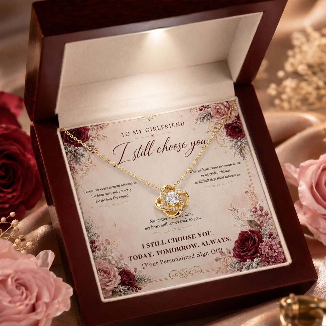 Love Knot Necklace in a gift box with a heartfelt message card for girlfriend apology necklace.