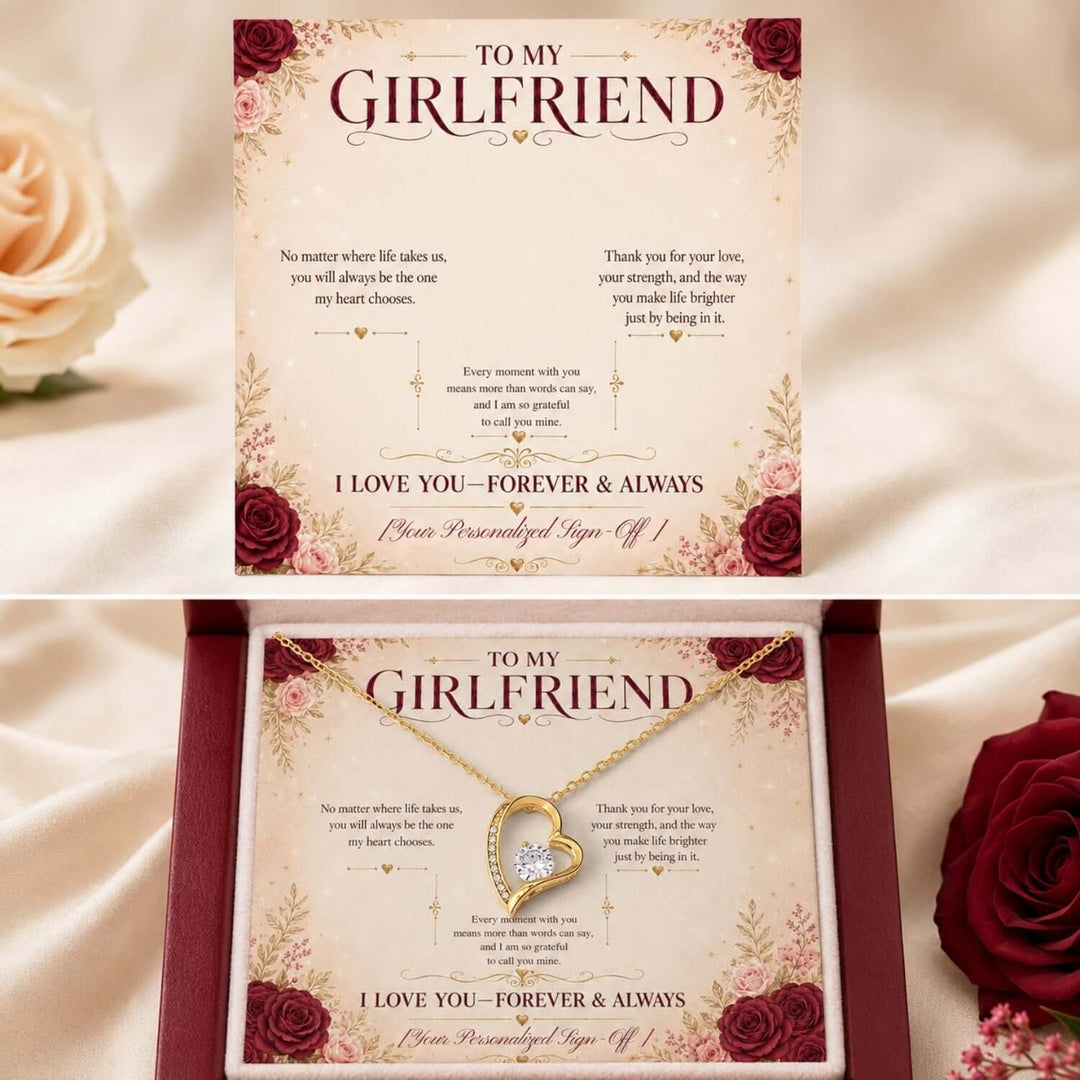 To My Girlfriend message card with a sparkling heart necklace for a girlfriend necklace gift.