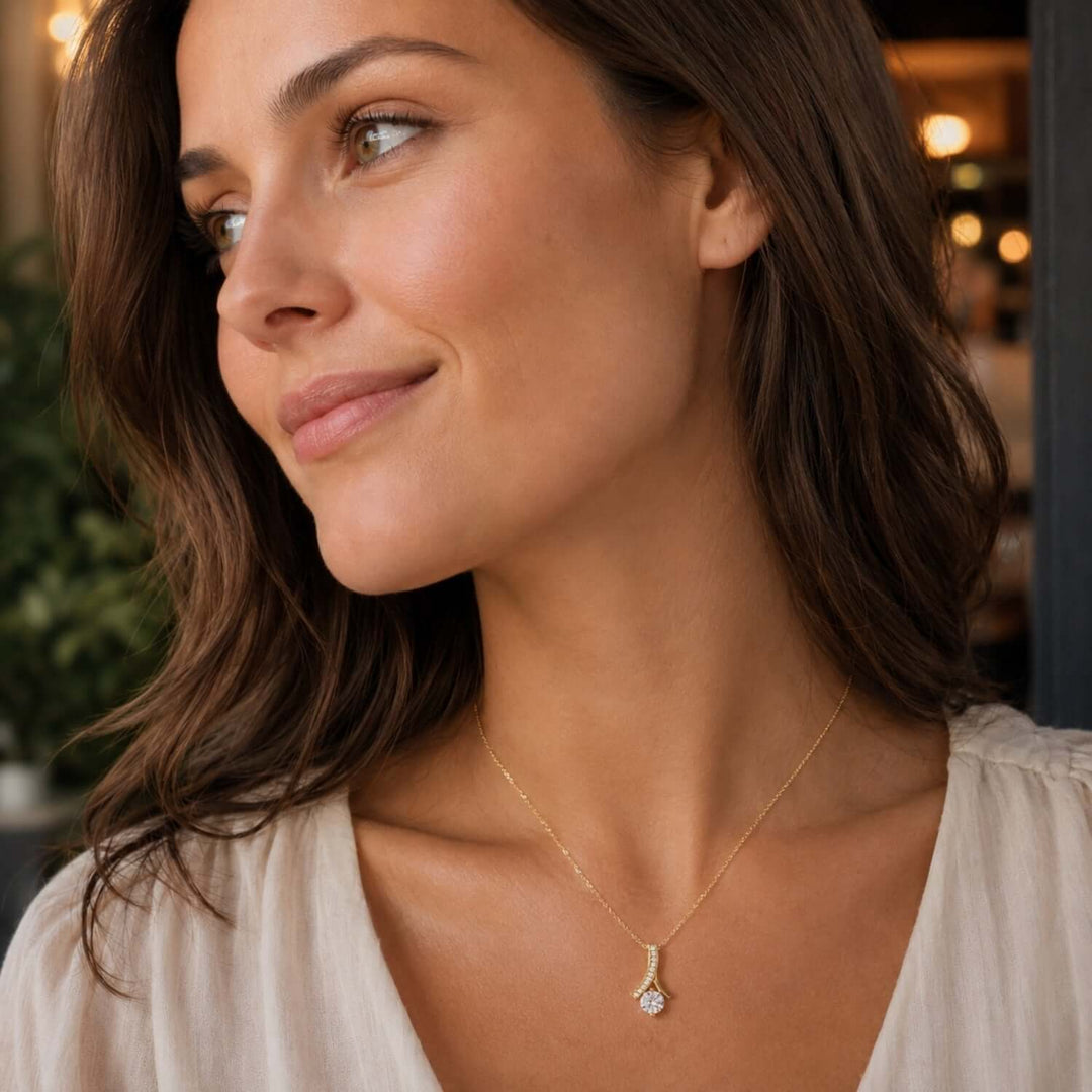 Alluring Beauty Necklace for girlfriend worn by a woman, showcasing its elegant design and sparkle.