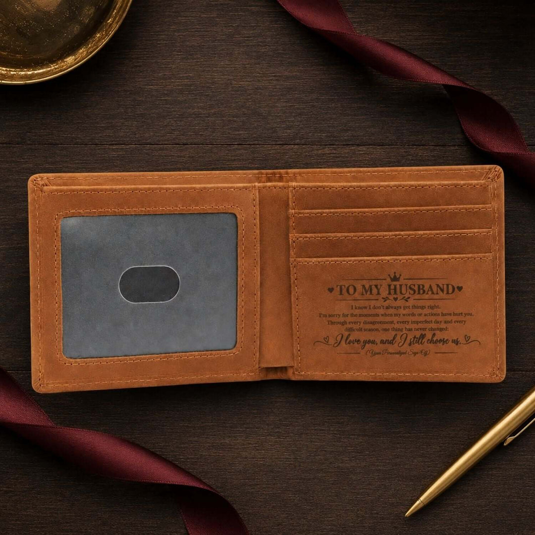 Engraved wallet for grandson featuring personalized message about love and support.