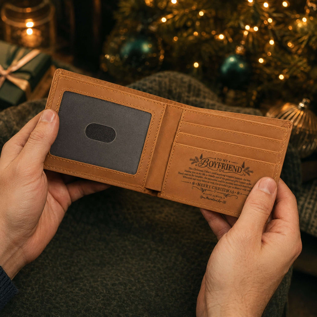 Personalized wallet open to a romantic message, perfect as a Christmas gift for boyfriend wallet.