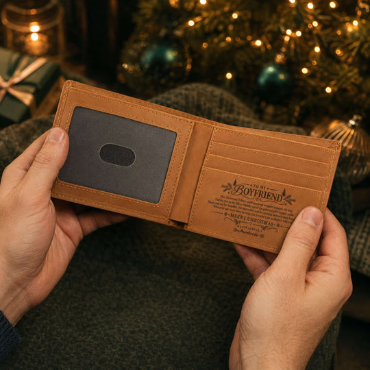 Personalized wallet open to a romantic message, perfect as a Christmas gift for boyfriend wallet.