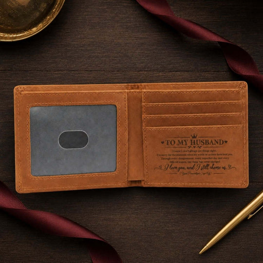 Personalized engraved wallet for husband featuring an apology gift for husband and heartfelt message inside.