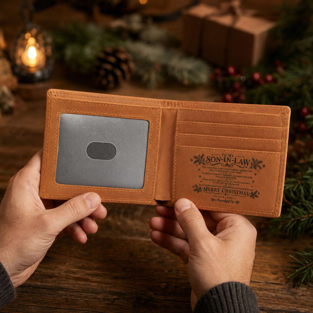 Christmas gift for son-in-law – personalized engraved leather wallet showing inner message and card slots.