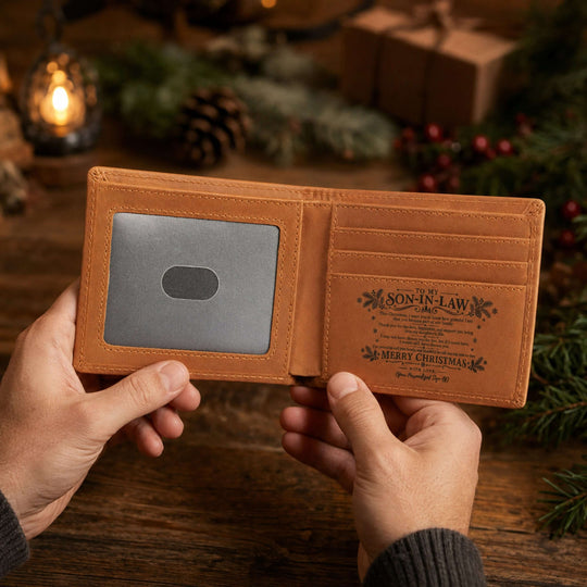 Christmas gift for son-in-law – personalized engraved leather wallet showing inner message and card slots.