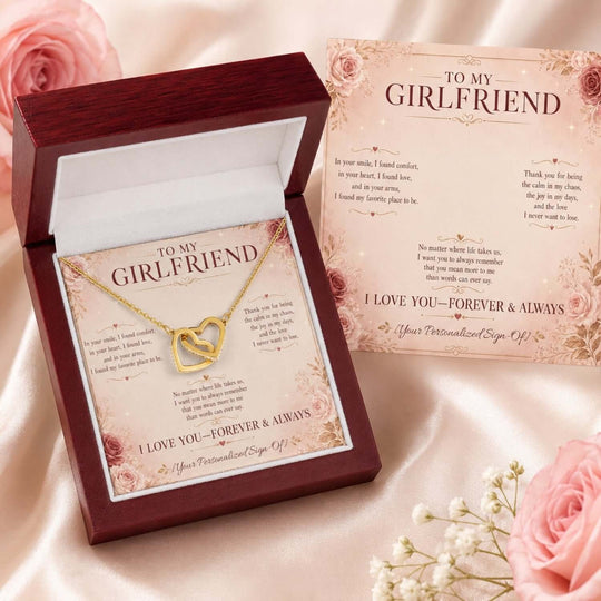 Interlocking hearts necklace for girlfriend in box with heartfelt message card.