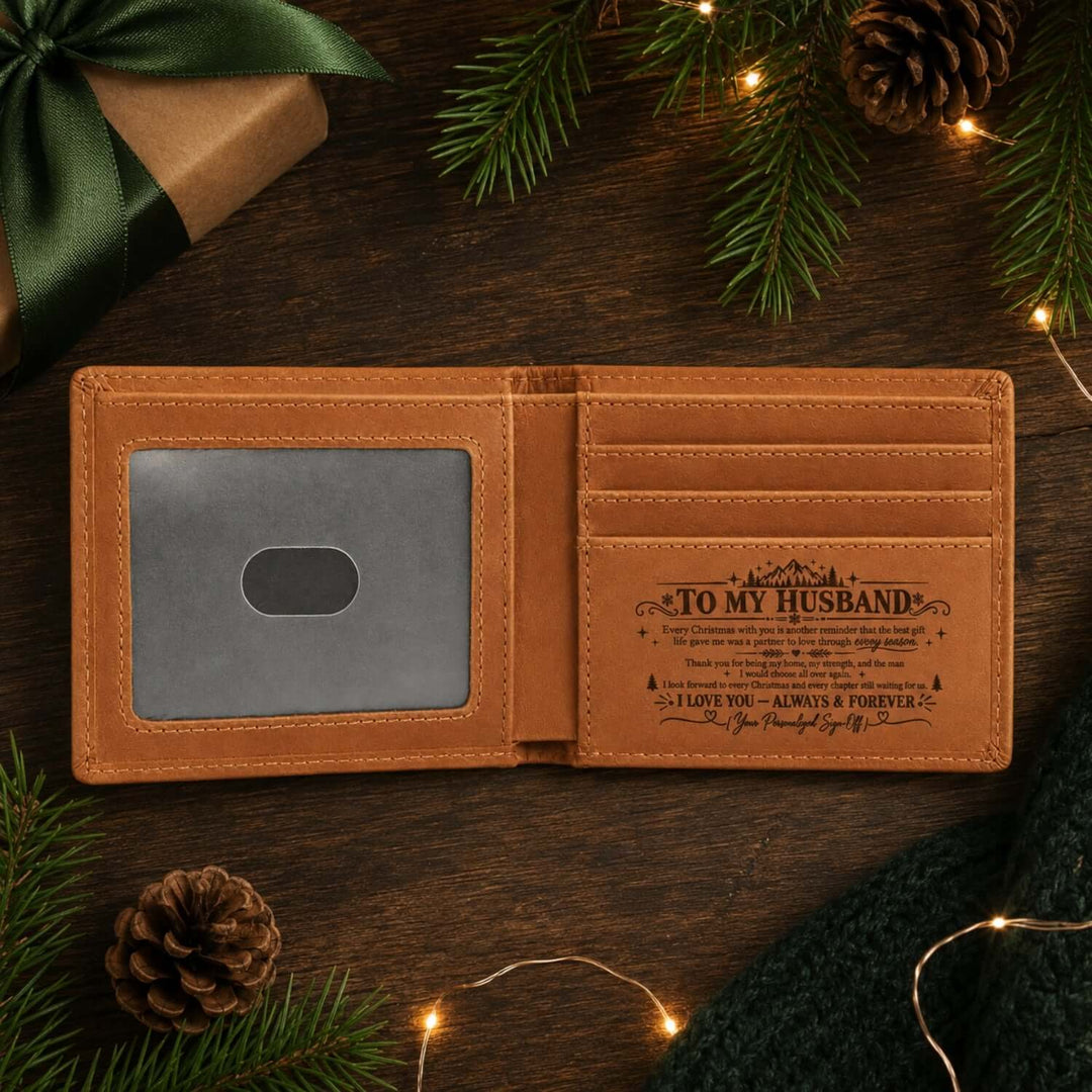 Christmas gift for husband wallet featuring personalized message inside leather keepsake wallet.