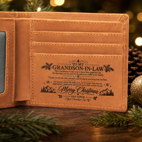 Engraved leather wallet interior for grandson-in-law Christmas wallet with heartfelt message and design.