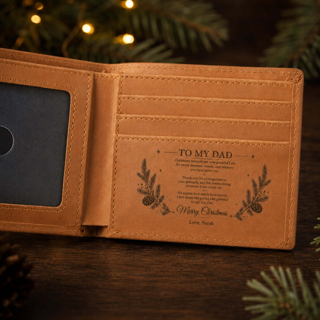 Christmas Gift for Dad – Personalized engraved wallet with a heartfelt message for Father's Day.