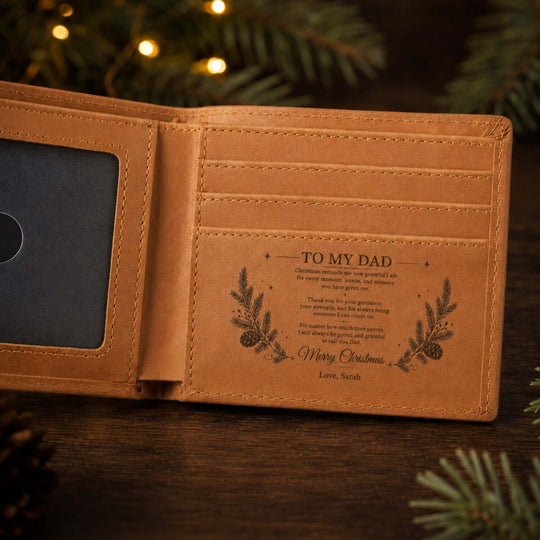 Christmas Gift for Dad – Personalized engraved wallet with a heartfelt message for Father's Day.