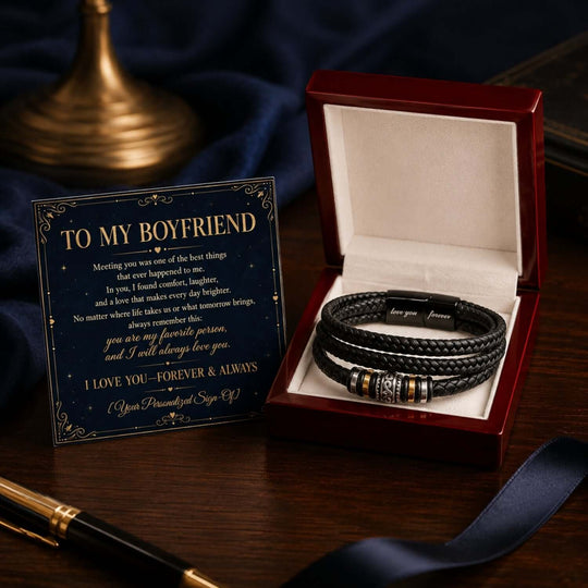 To My Boyfriend bracelet gift in a box with a heartfelt message card, featuring braided vegan leather and stainless steel details.