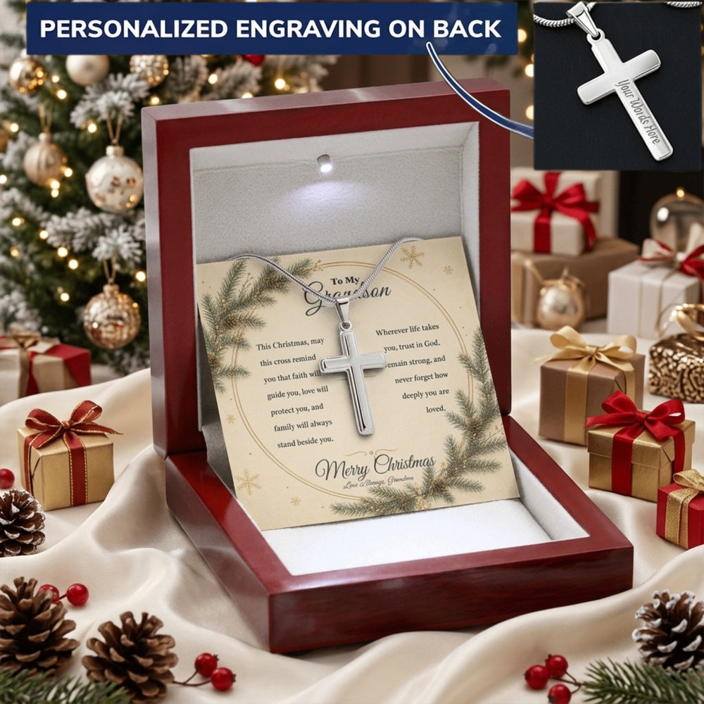 To My Grandson – Personalized Christmas Cross Necklace