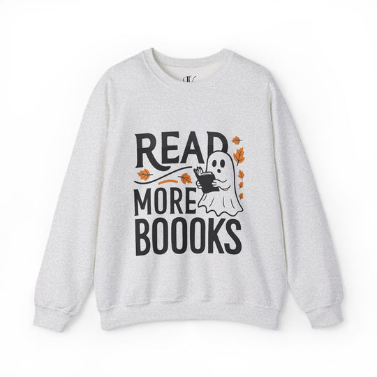 Bookworm Ghost: Spooky Halloween Sweatshirt Sweatshirt Printify S Ash