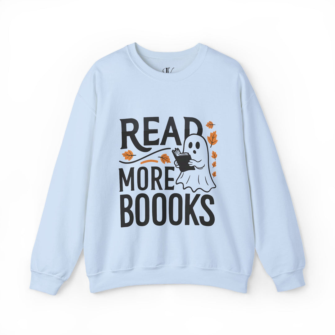 Bookworm Ghost: Spooky Halloween Sweatshirt Sweatshirt Printify S Light Blue