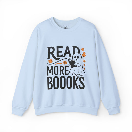 Bookworm Ghost: Spooky Halloween Sweatshirt Sweatshirt Printify S Light Blue