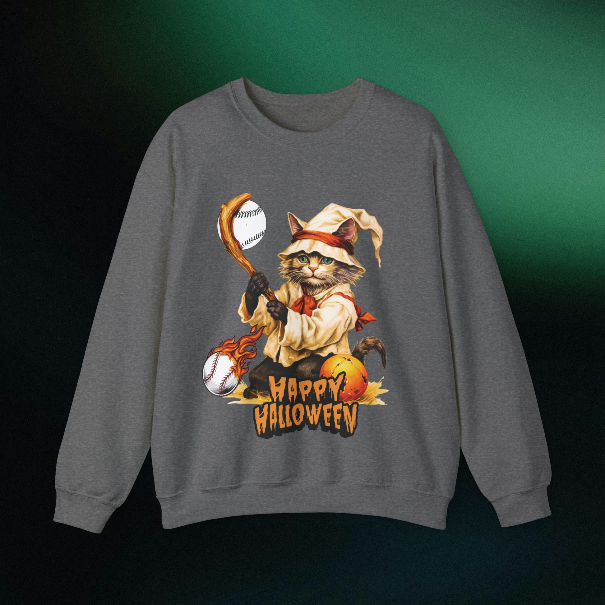 Halloween Cat Baseball Sweatshirt | Playful Feline and Pumpkins - Spooky Sports | Halloween Fun Sweatshirt Sweatshirt S Graphite Heather 