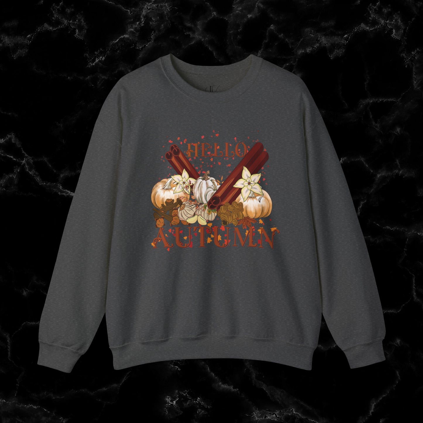 Hello Autumn Jumper | Pumpkin Spices Leaves Sweatshirt - Fall Fashion Sweatshirt S Dark Heather 