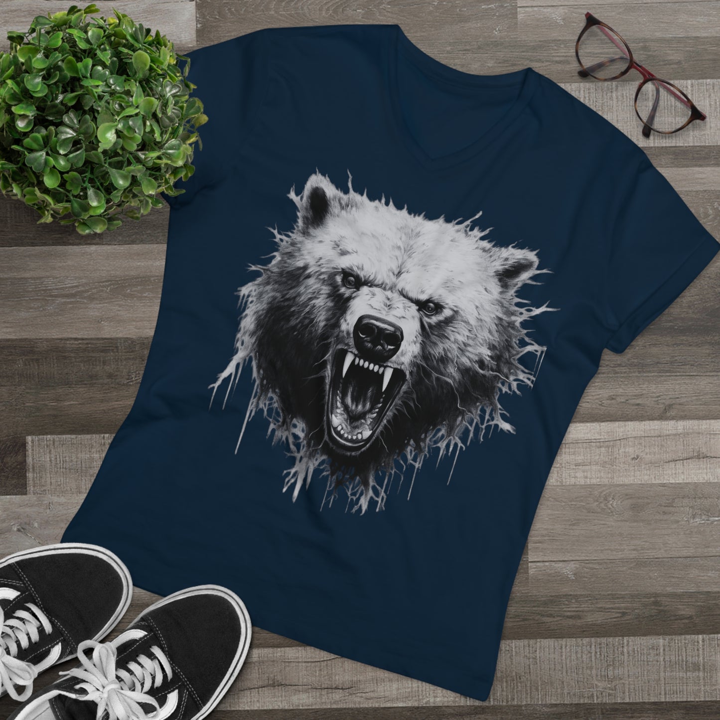 Angry Bear Close Up Men's Organic V-Neck T-Shirt | Fierce Wildlife Shirt | Nature Inspired Tee V-neck French Navy S 