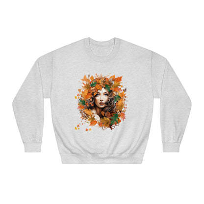 Whimsical Dreams in Autumn Hues: Romantic Dreamy Female Surrounded by Autumn Leaves Sweatshirt - Fairycore, Forestcore, Cottagecore-inspired Fashion Sweatshirt Ash S 