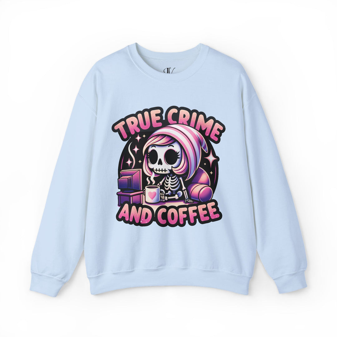 True Crime and Coffee: Skeleton Sweatshirt Sweatshirt Printify S Light Blue