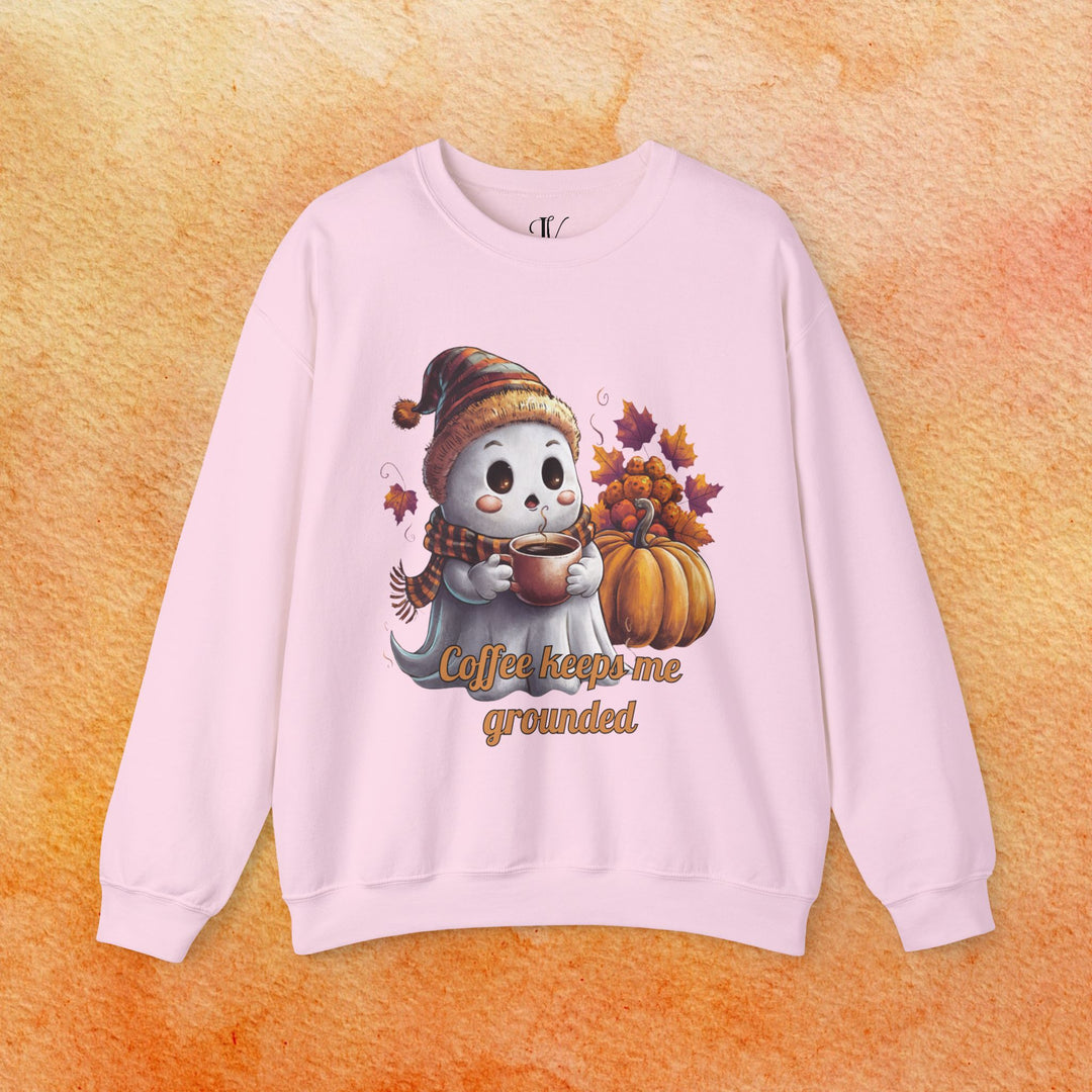 Ghostly Brew: Coffee Keeps Me Grounded Sweatshirt Sweatshirt Printify S Light Pink