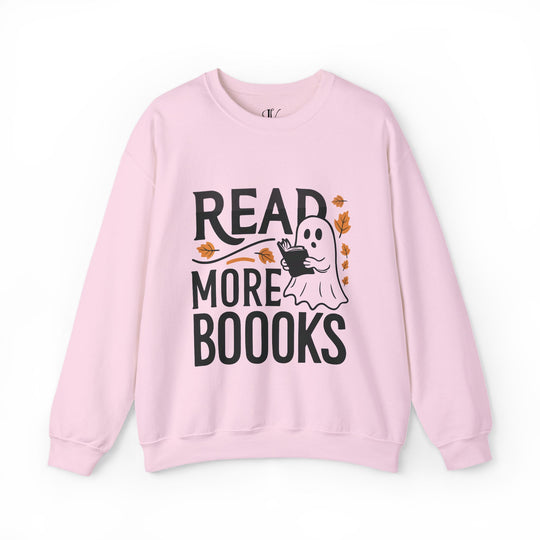 Bookworm Ghost: Spooky Halloween Sweatshirt Sweatshirt Printify S Light Pink