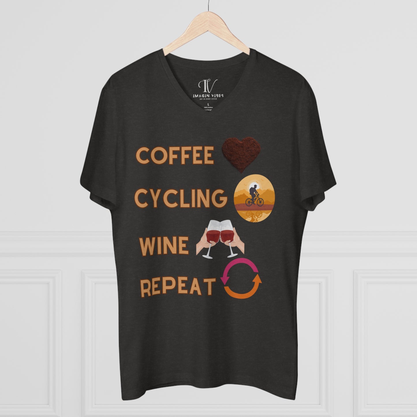 Minimalistic Bicycle T-Shirt for Men - Cotton Shirts, Eco-Friendly Gift for Coffee and Cycling Enthusiasts V-neck   