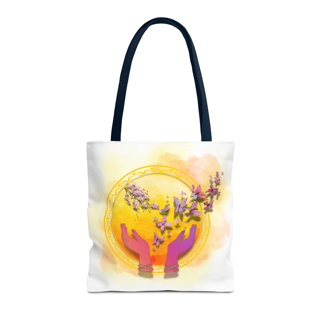 Symbolic Tote Bag with Hands, Orb, Flowers, and Butterflies Bags Printify 16" × 16'' Navy