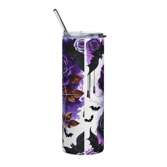 20oz Stainless Steel Tumbler — Creepy Elegant: Spider, Bats & Purple Rose Halloween Design Mug Printify
