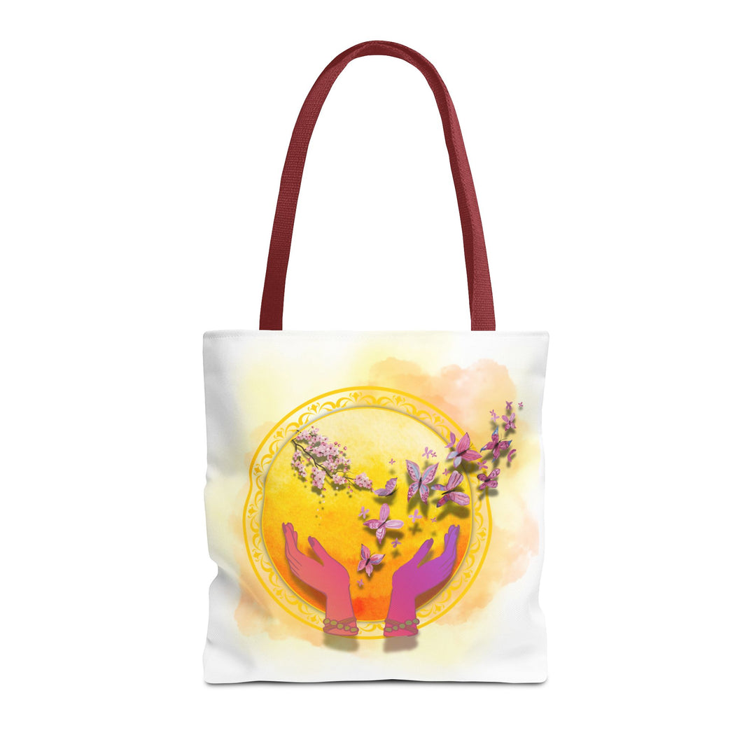 Symbolic Tote Bag with Hands, Orb, Flowers, and Butterflies Bags Printify 16" × 16'' Red