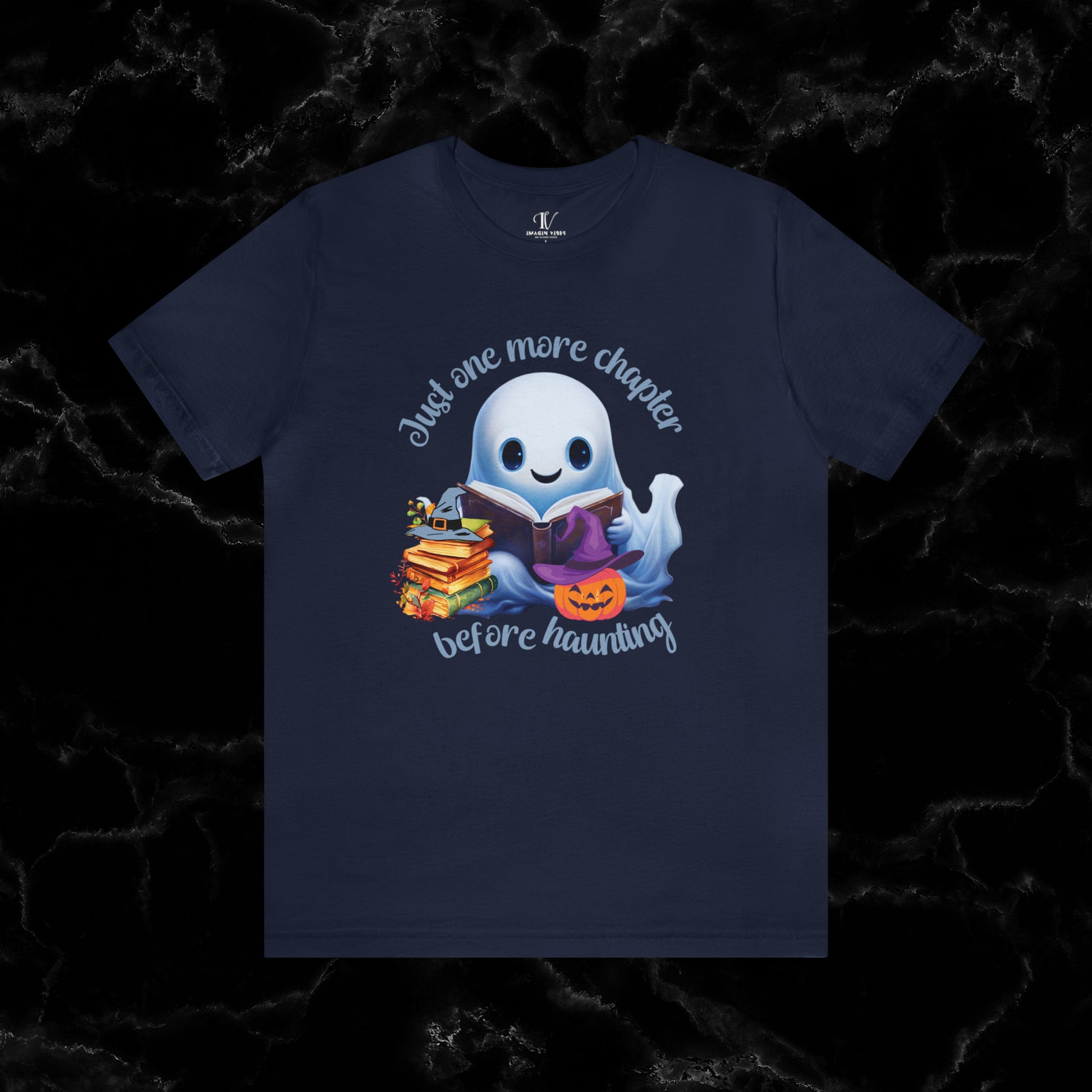 Just One More Chapter T-Shirt | Book Lover Halloween Tee - Librarian Shirt - Halloween Student Tee - Halloween Ghost Book Ghost Read Book T-Shirt Navy XS 