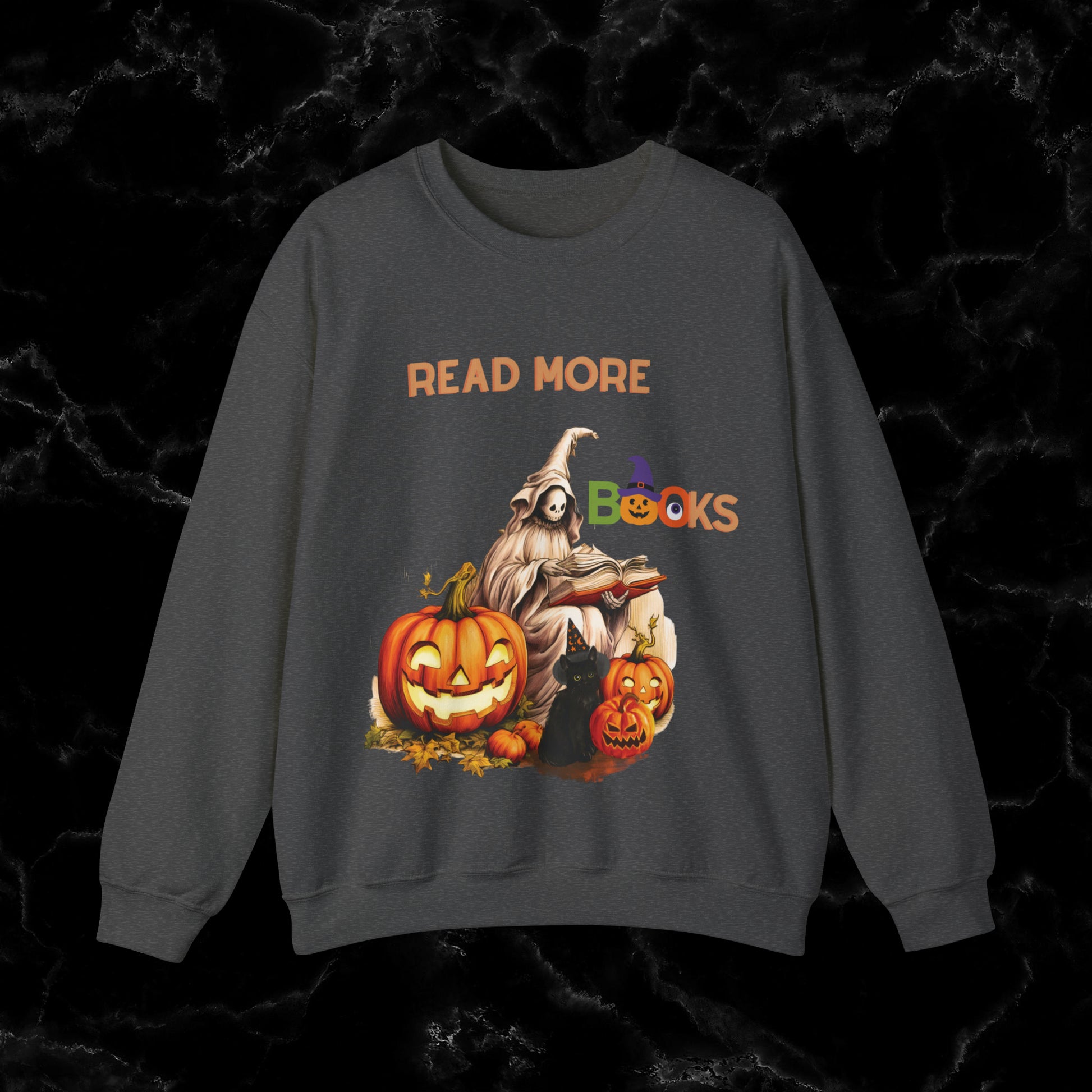 Read More Books Sweatshirt - Book Lover Halloween Sweater for Librarians and Students Sweatshirt S Dark Heather 