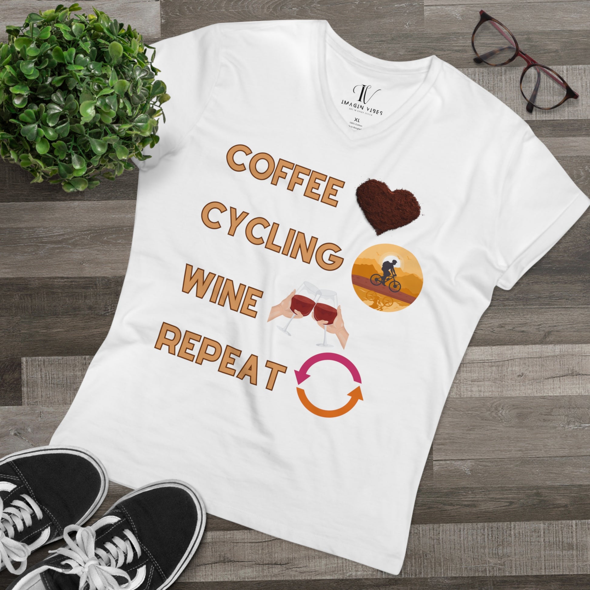 Minimalistic Bicycle T-Shirt for Men - Cotton Shirts, Eco-Friendly Gift for Coffee and Cycling Enthusiasts V-neck White XL 