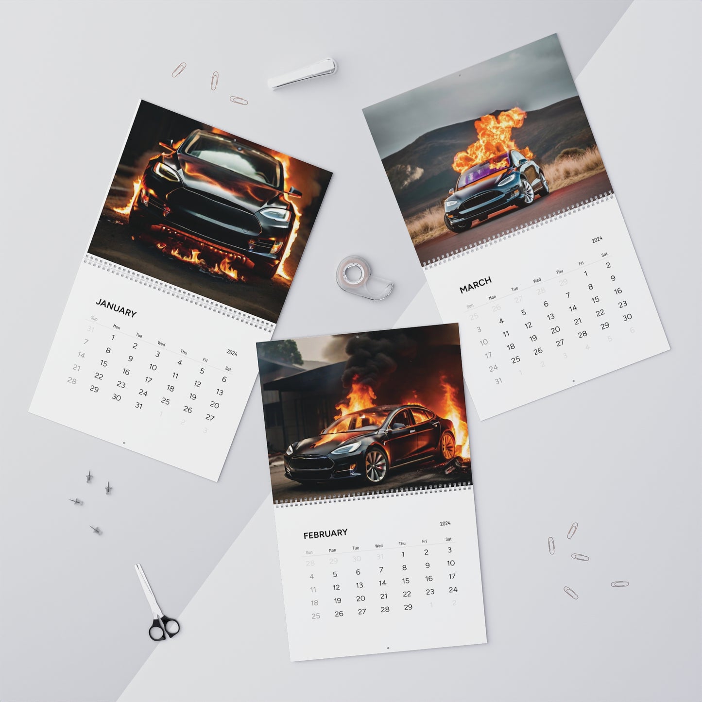 Sparks of Energy: Electric Burnout Calendar 2024 - A Unique Calendar Featuring Burning Electric Vehicles Each Month Calendar   