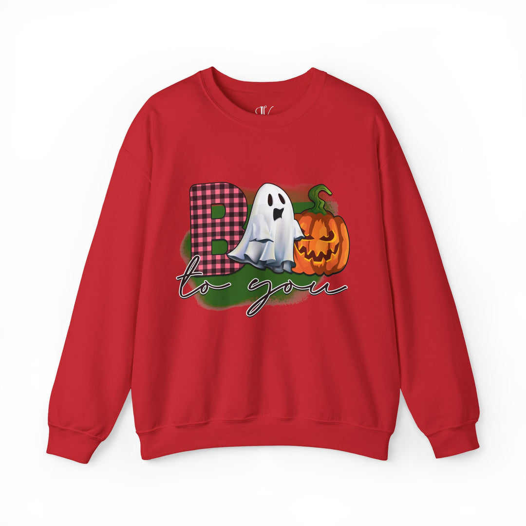 Boo To You! Cute Ghost and Pumpkin Sweatshirt Sweatshirt Printify S Red
