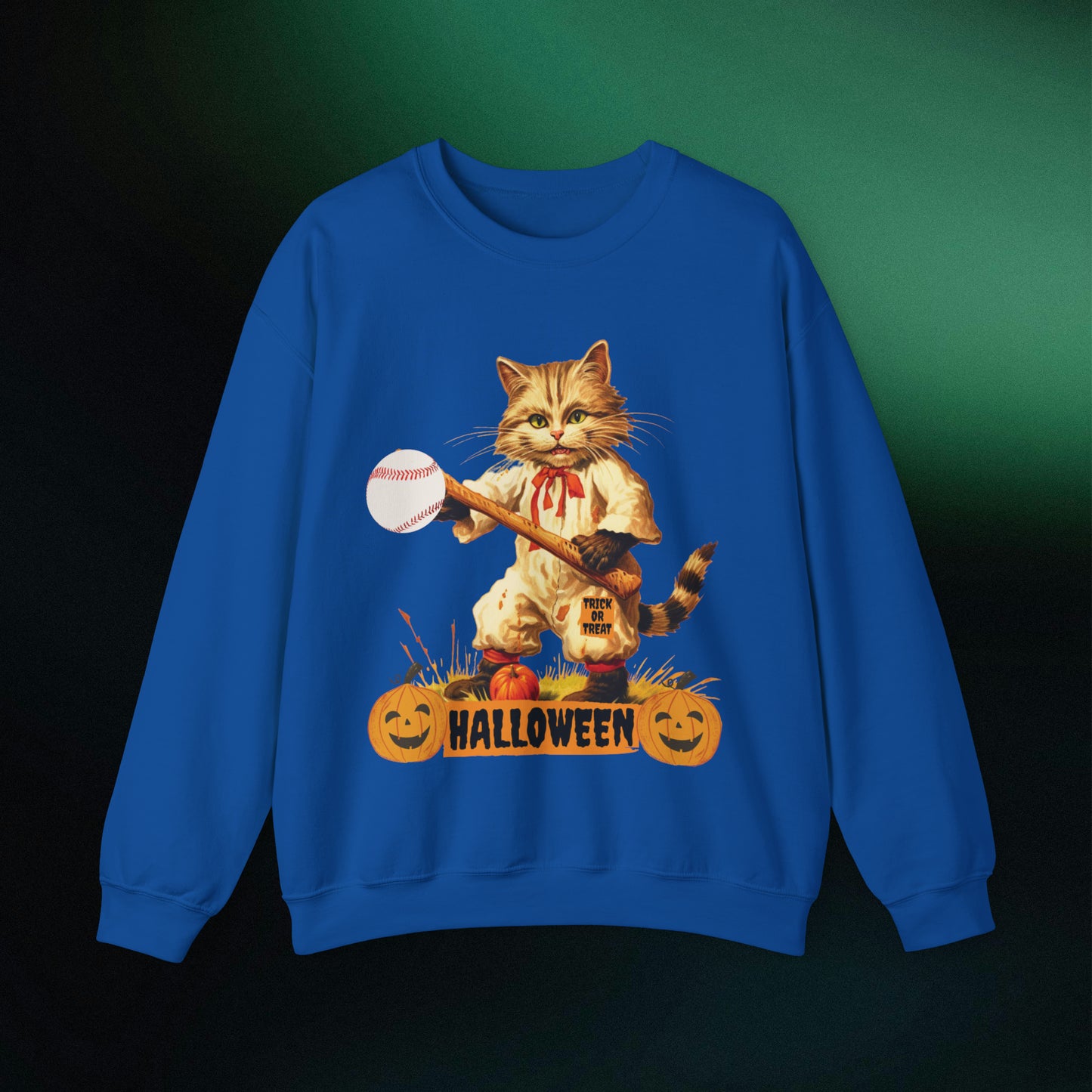 Halloween Cat Baseball Sweatshirt | Happy Halloween - Spooky Sports | Halloween Fun Sweatshirt Sweatshirt S Royal 