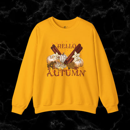 Hello Autumn Jumper | Pumpkin Spices Leaves Sweatshirt - Fall Fashion Sweatshirt S Gold 