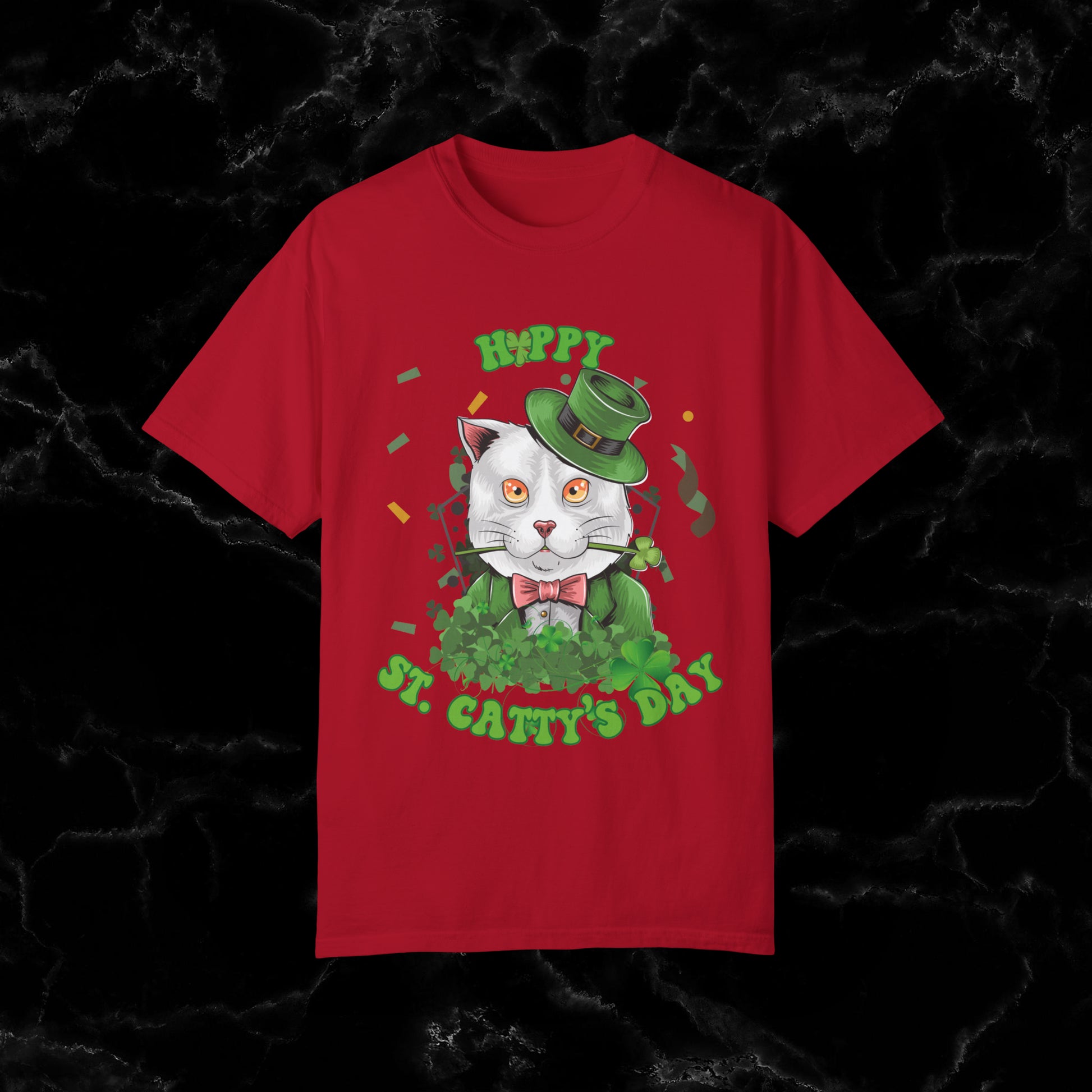 Happy St. Catty's Day Funny St. Patrick's Day Comfort Colors T-Shirt - St. Paddy's Day Shirt for Cat Lover St. Patty's Day Fun T-Shirt Red S 