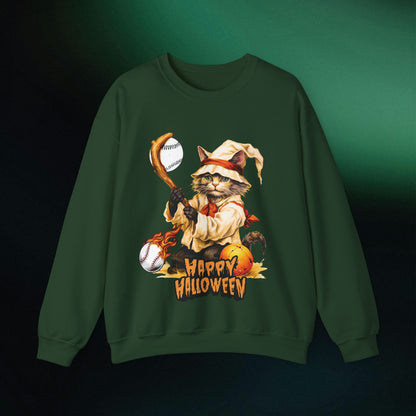 Halloween Cat Baseball Sweatshirt | Playful Feline and Pumpkins - Spooky Sports | Halloween Fun Sweatshirt Sweatshirt S Forest Green 