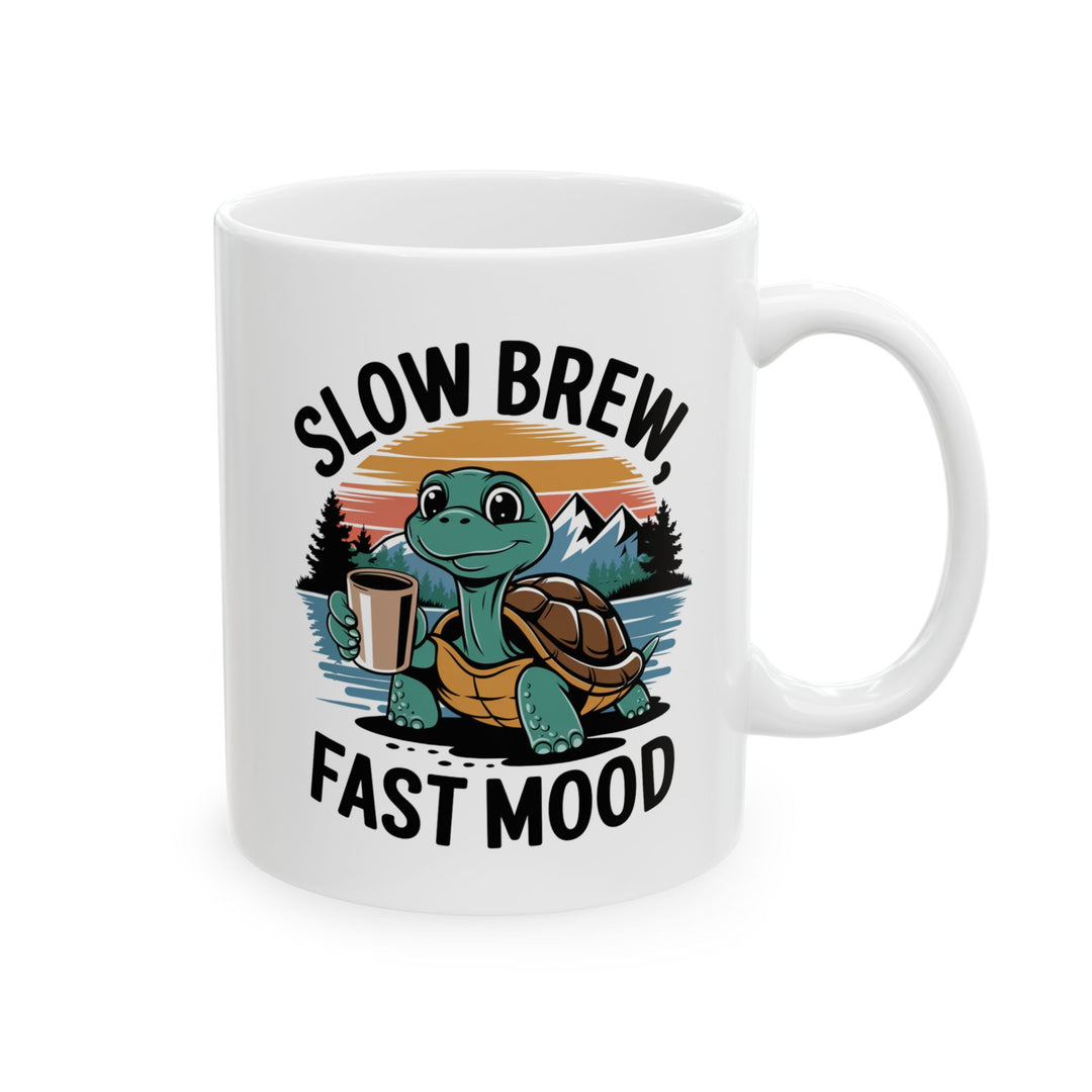 Ceramic Mug - Slow Brew, Fast Mood Retro Turtle Coffee Cup Mug Printify