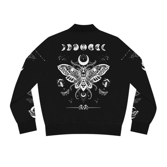 Women's Bomber Jacket - Mystic Moth and Lunar Phases Goth Boho