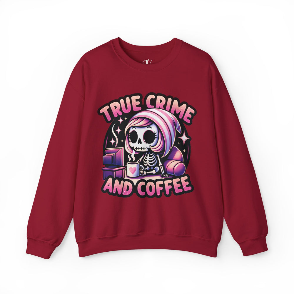 True Crime and Coffee: Skeleton Sweatshirt Sweatshirt Printify S Cardinal Red