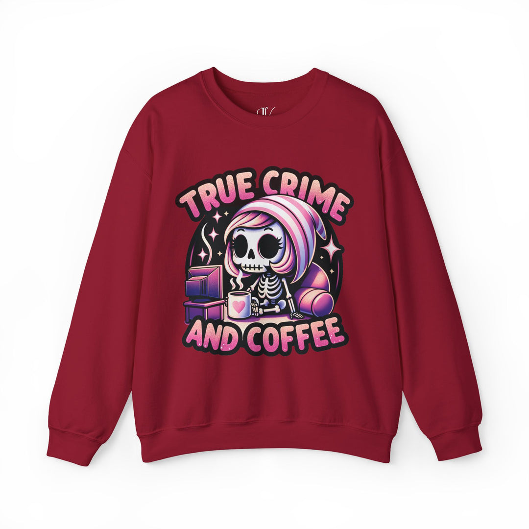 True Crime and Coffee: Skeleton Sweatshirt Sweatshirt Printify S Cardinal Red